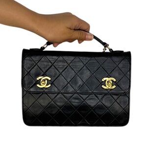 CHANEL LAMBSKIN DOUBLE CC TURN LOCK CAMBON CHARM BRIEFCASE BAG GOLD HARDWARE